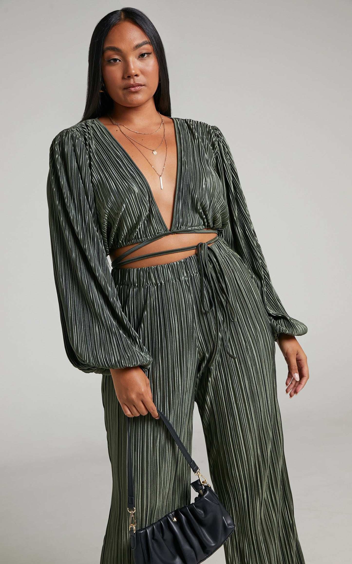 Crystral Top - Plisse Cross Front Top in Olive