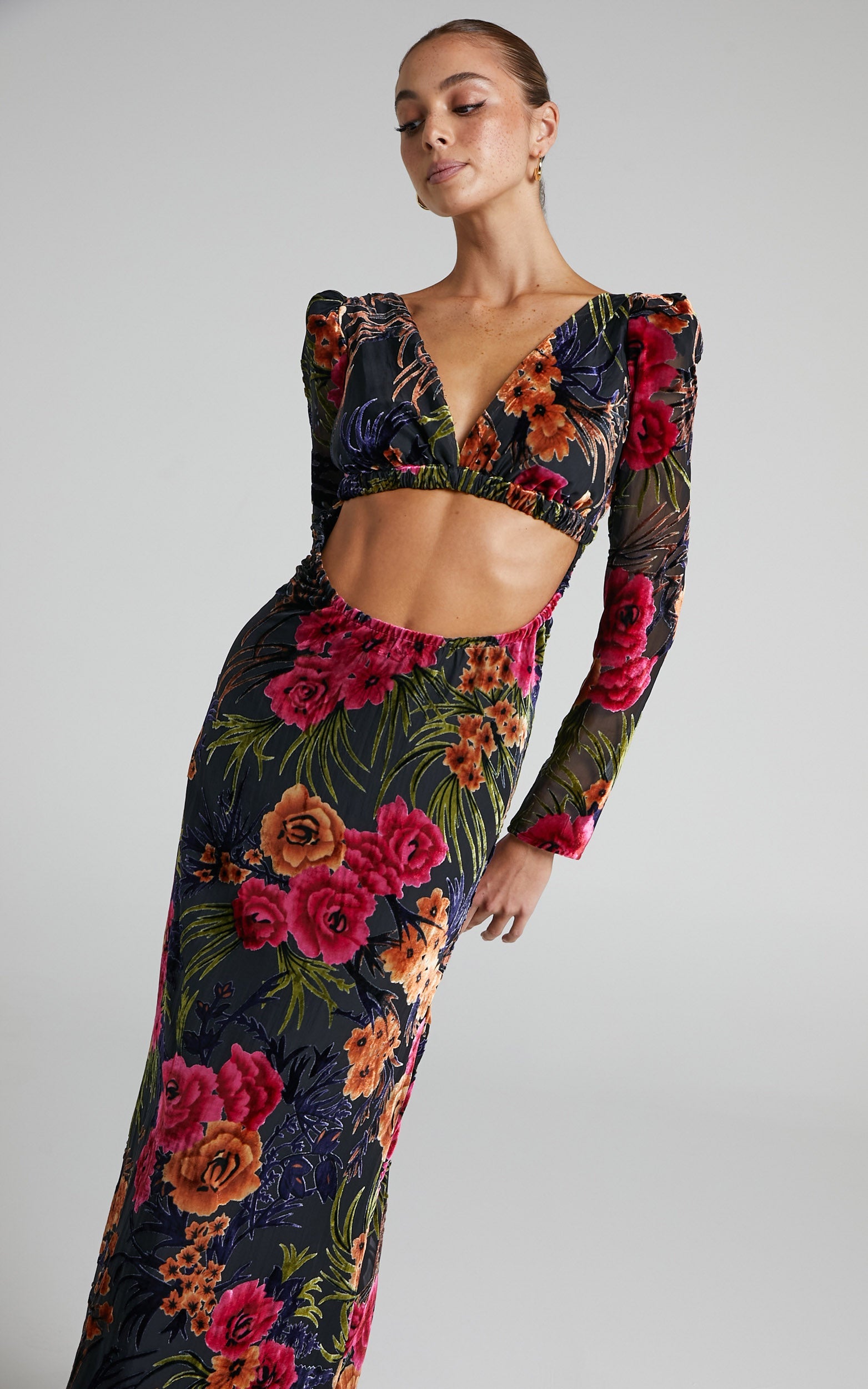 Danielle Bernstein - Cut Out Flocked Velvet Dress in Black Multi
