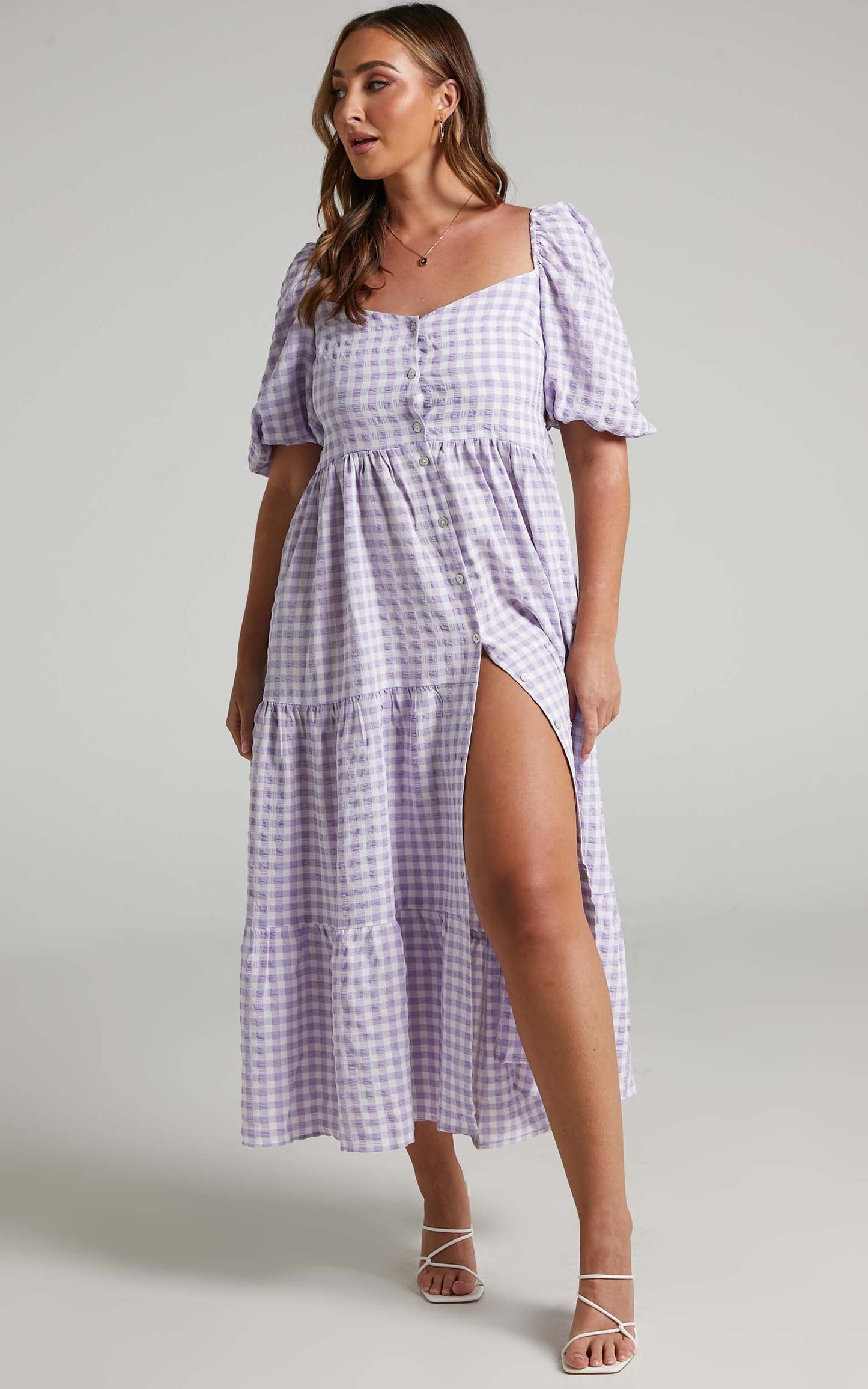 Drigeth Puff Sleeve Open Back Midi Dress in Lilac Gingham