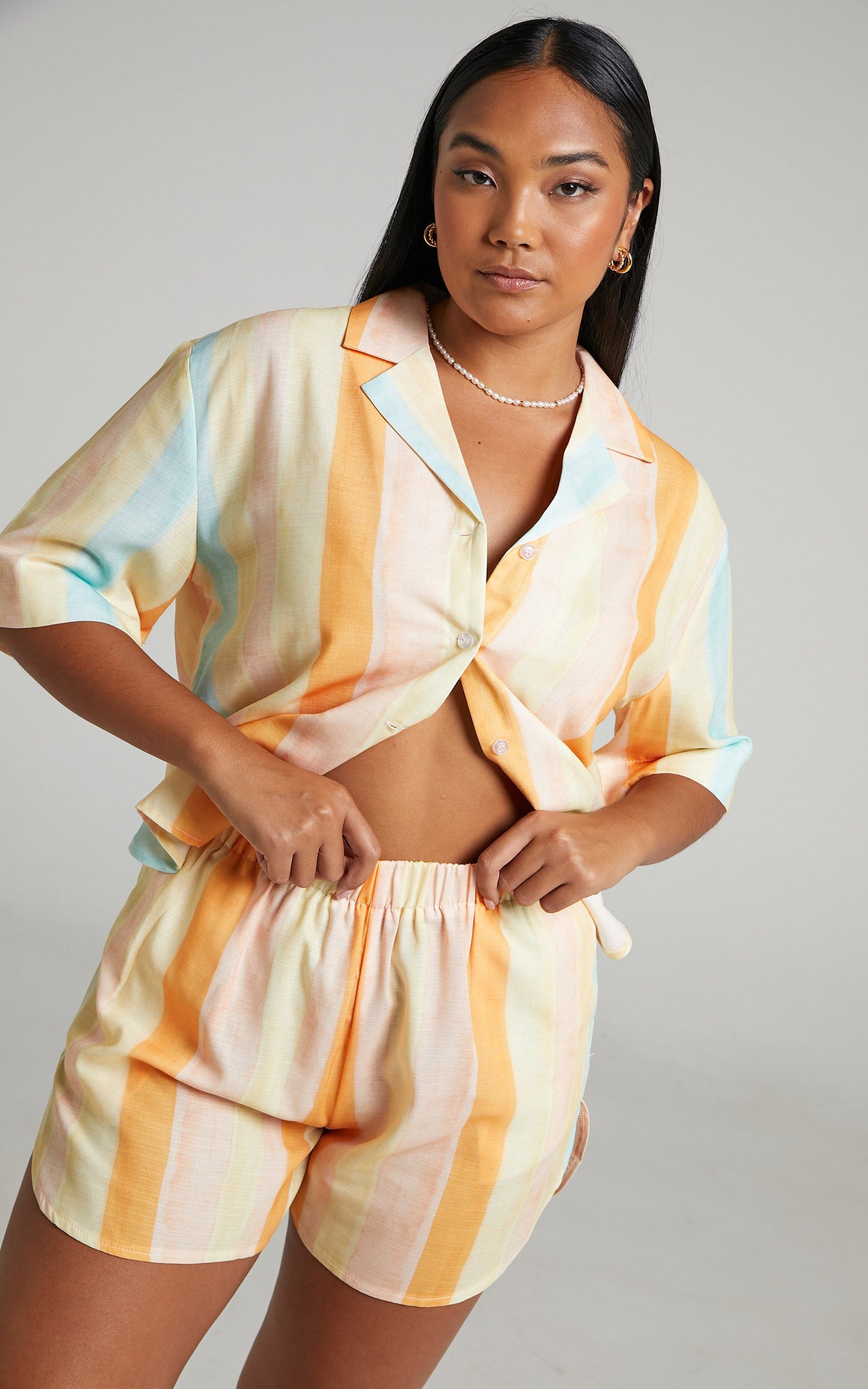 Ehliza Two Piece Set - Button Shirt and Shorts Set in Multi