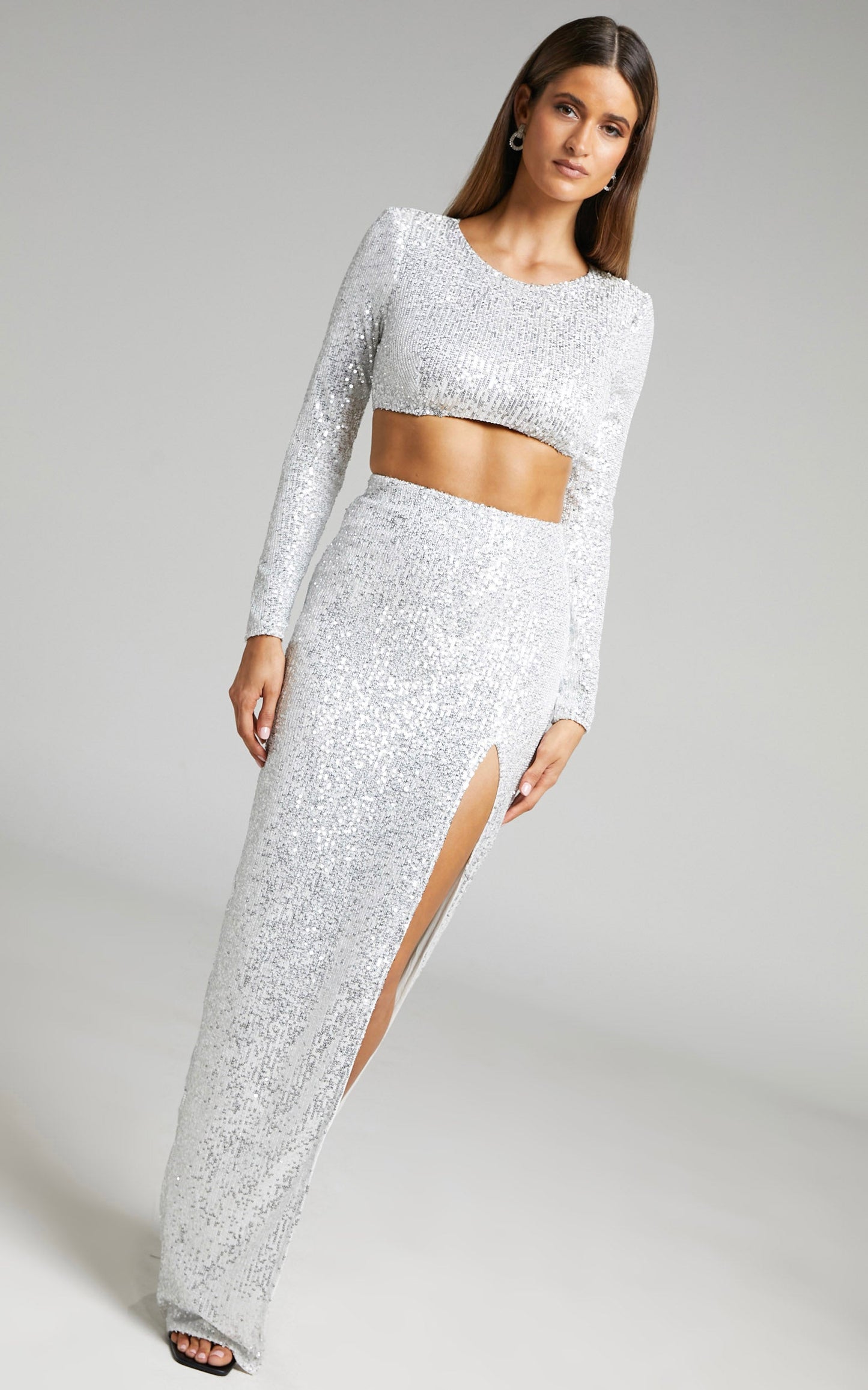 Eliska Two Piece Set - Sequin Crop Top and High Slit Maxi Skirt Set in Silver