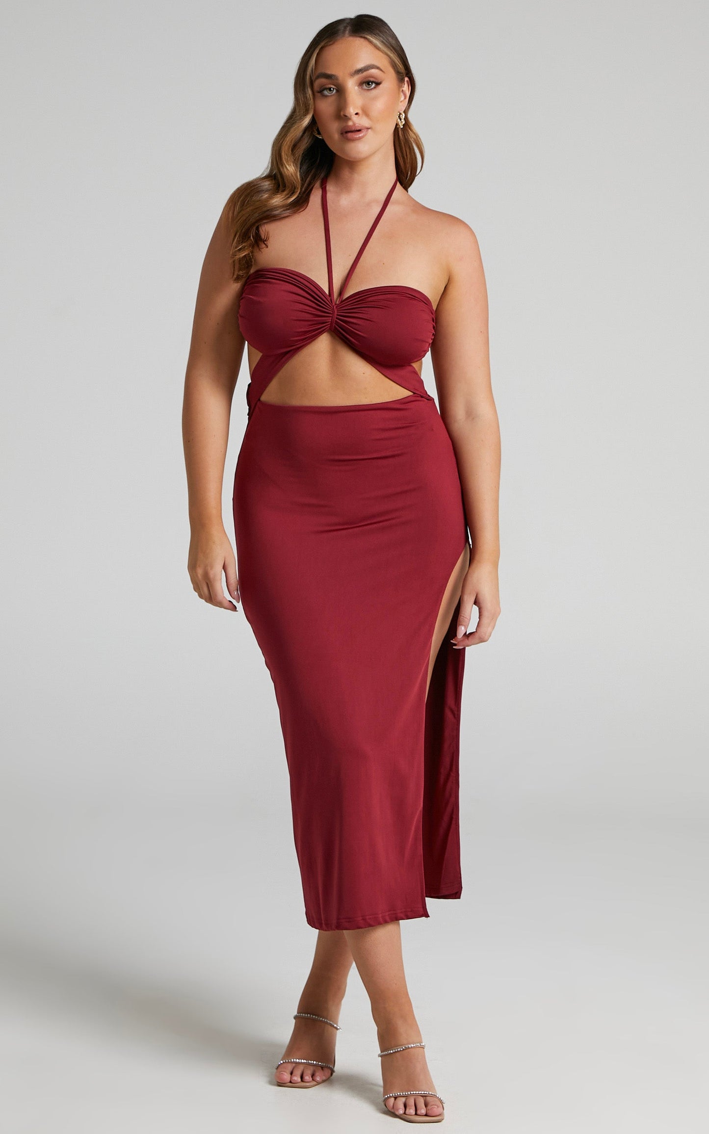 Enrica Halter Cut Out Side Split Midi Dress in Merlot