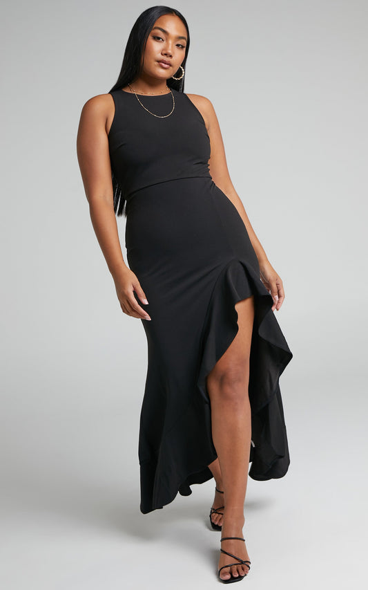 Erytheia Asymmetrical Ruffle Hem Maxi Dress in Black