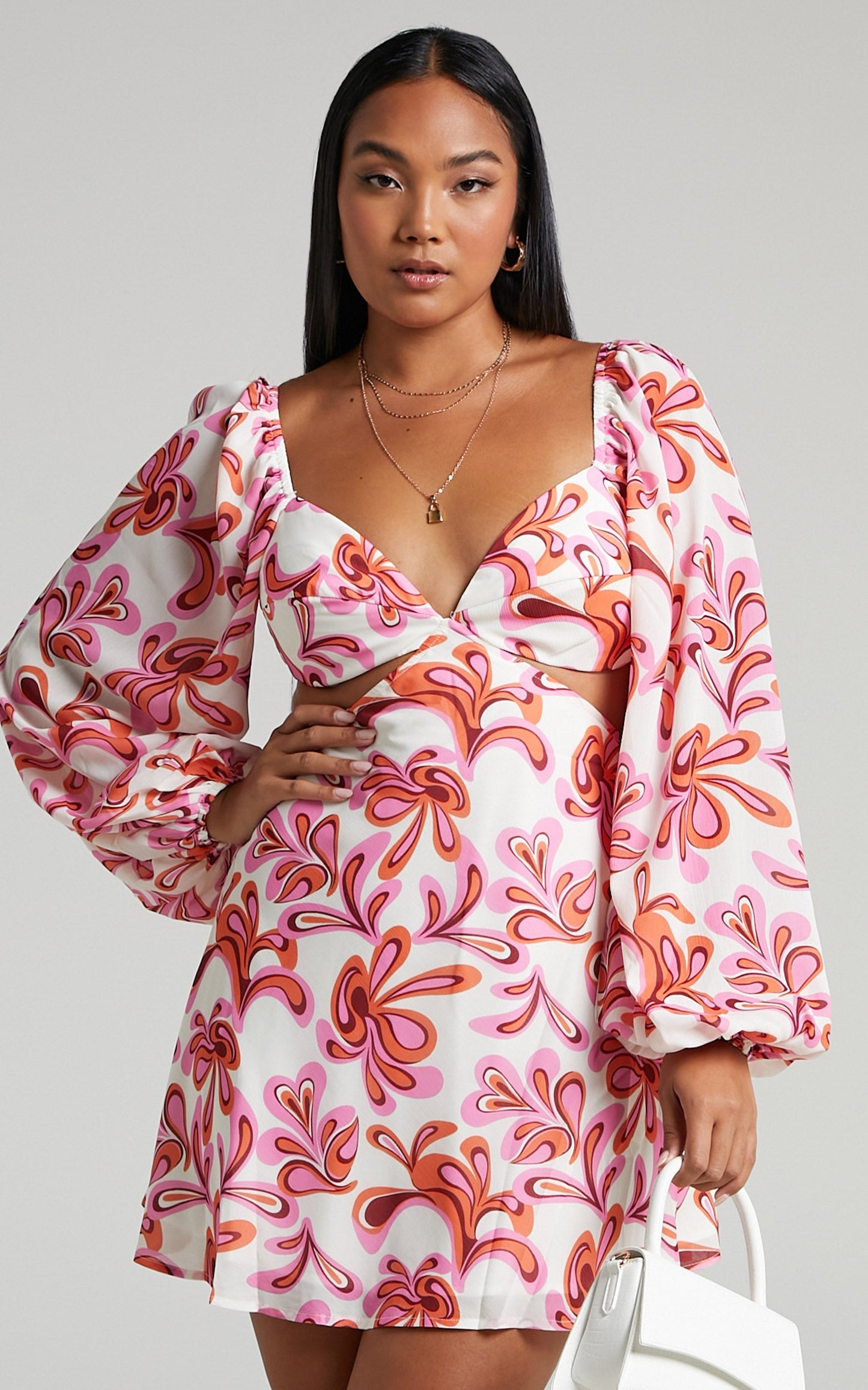 Frederica Tie Back Long Sleeve Mini Dress in Pink Swirl