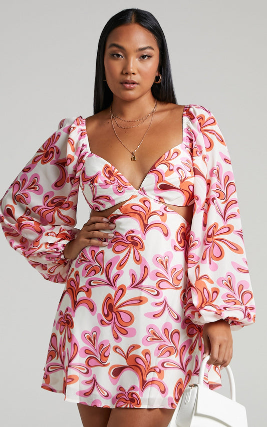 Frederica Tie Back Long Sleeve Mini Dress in Pink Swirl