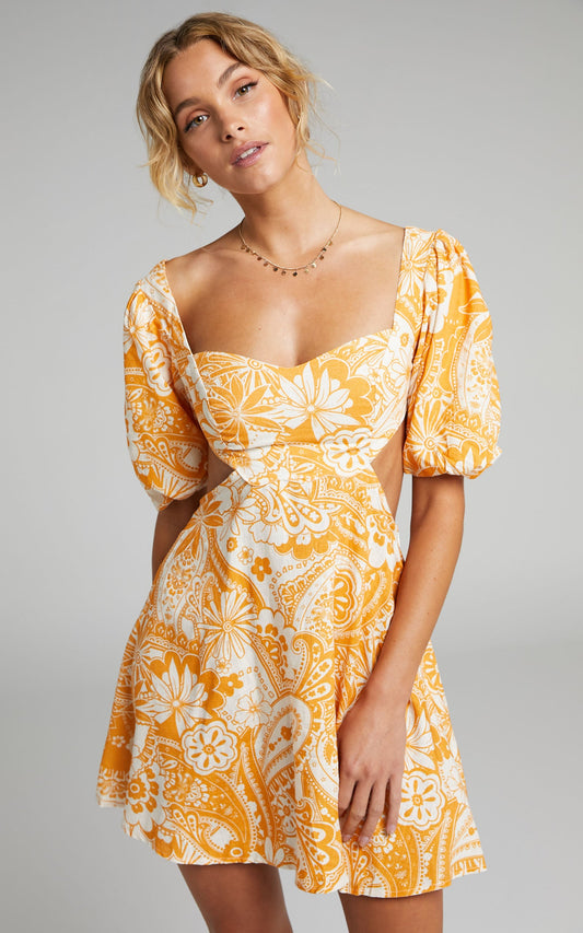 Gyah Mini Dress - Linen Balloon Sleeve Dress in Rust Paisley