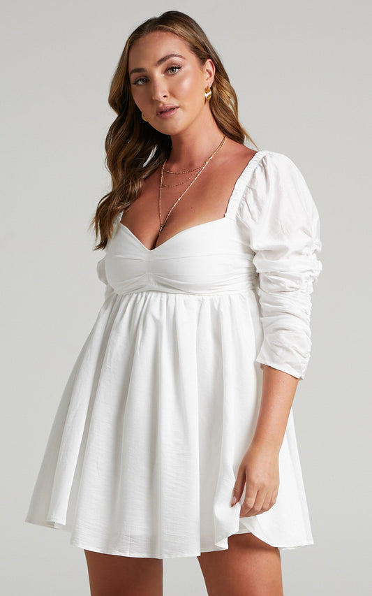 Gina Gathered Bodice Long Sleeves Mini Dress in White
