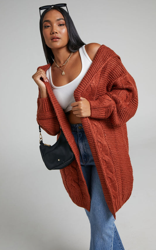 Gisella Chunky Cable Longline Knit Cardigan in Rust