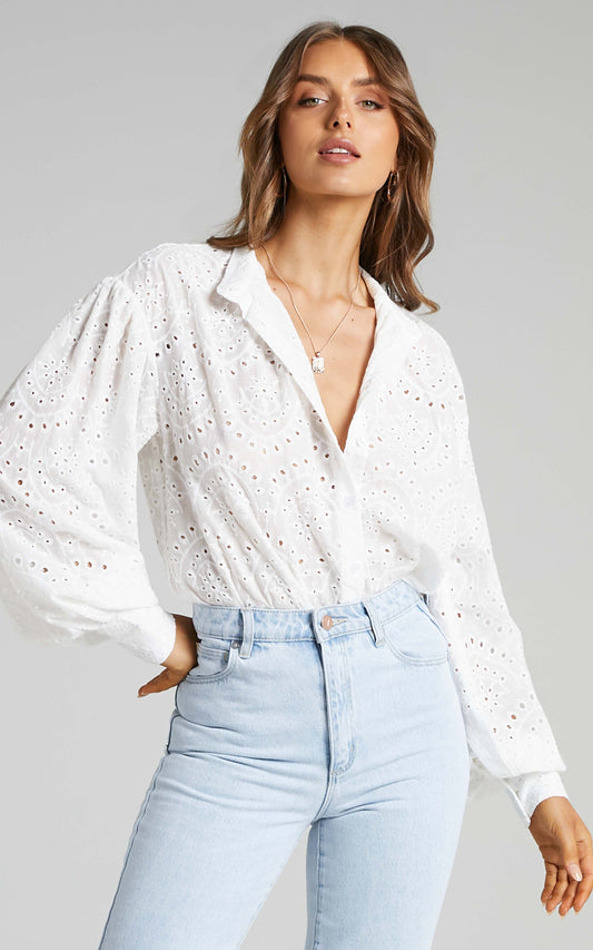 Helda Embroidered Balloon Sleeve Shirt in White