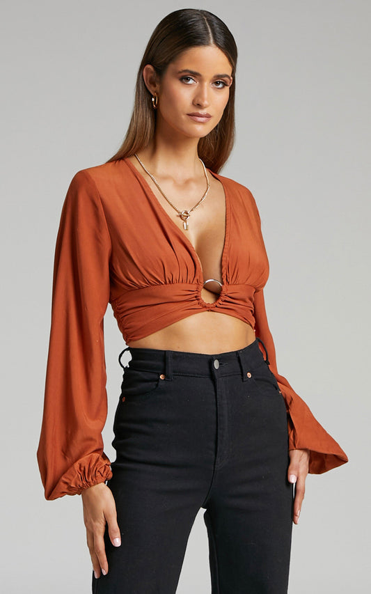 Jeraldine O Ring Detail Balloon Sleeve Top in Rust