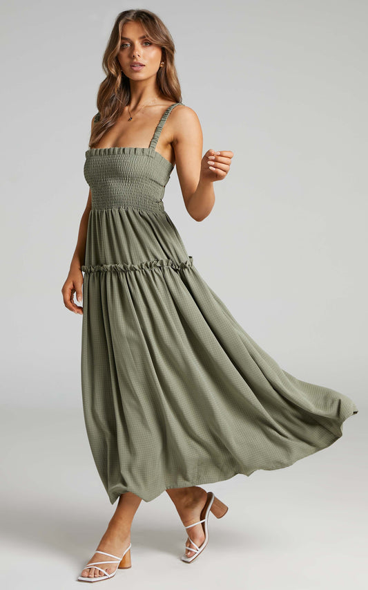 Khayeen Midi Dress - Shirred Bodice Dress in Khaki