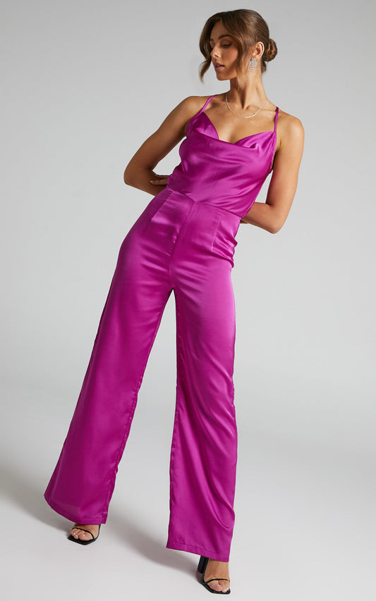 Kylene Jumpsuit - Cowl Neck Palazzo Satin Jumpsuit in Mulberry