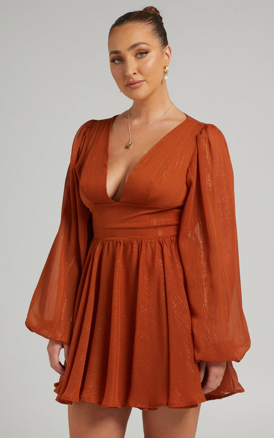 Camari Balloon Sleeve Open Back Mini dress in Rust