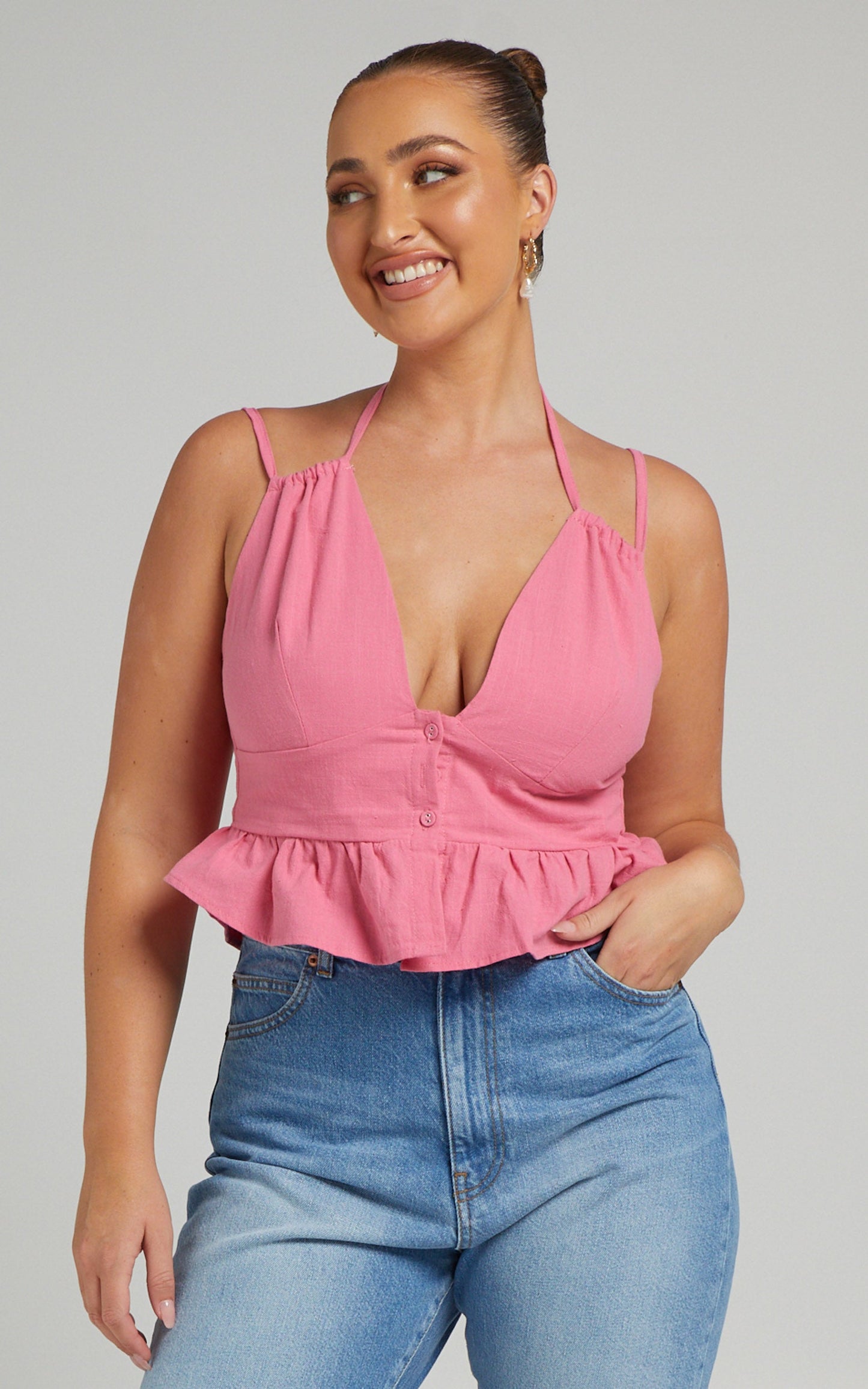 Evangie Top - Linen Double Strap Peplum Top in Pink