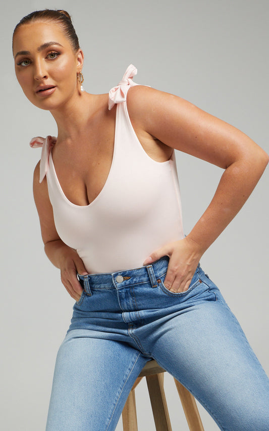Ryley Bodysuit - V Neck Tie Up Bodysuit in Pink
