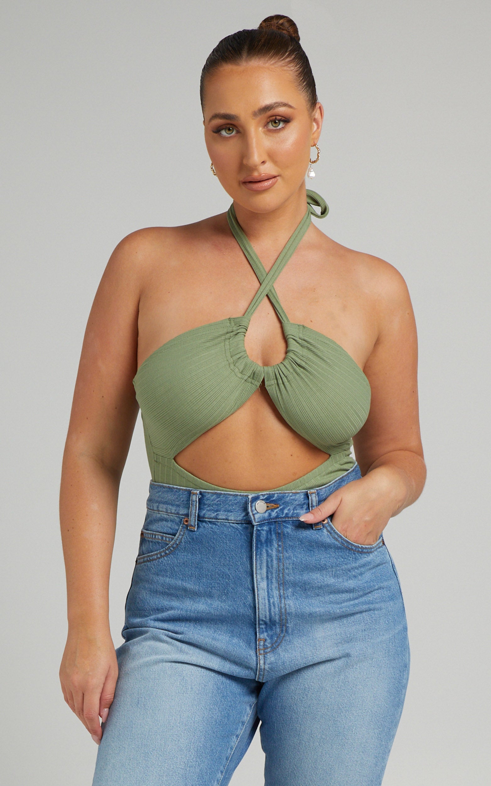 Jolina Bodysuit - Halter Neck Cut Out Bodysuit in Sage