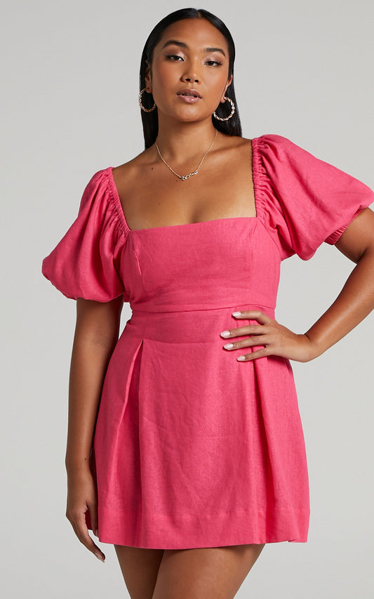 Matty Mini Dress - Linen Strappy Back Puff Sleeve Baby Doll Dress in Pink