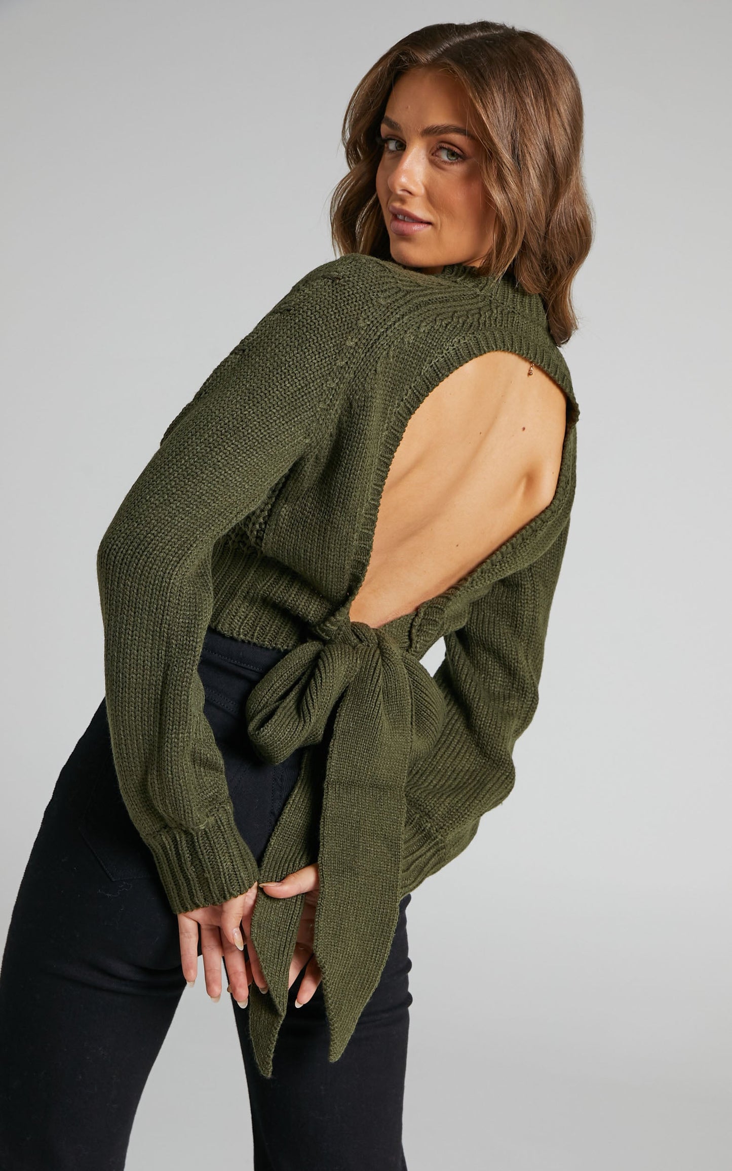 Maue Top - Long Sleeve Open Back Knit Top in Khaki