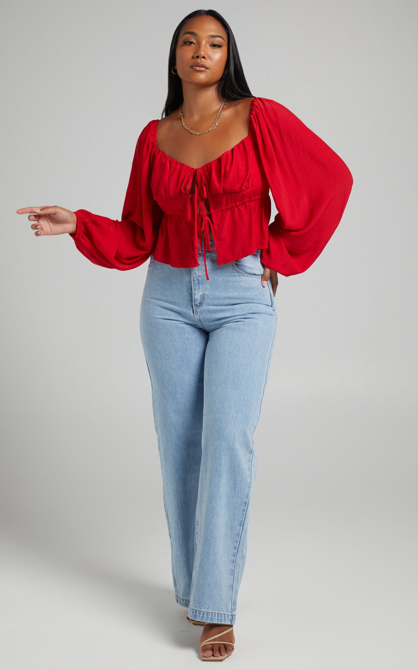 Nadine Top - Long Sleeve Ruched Bust Top in Red