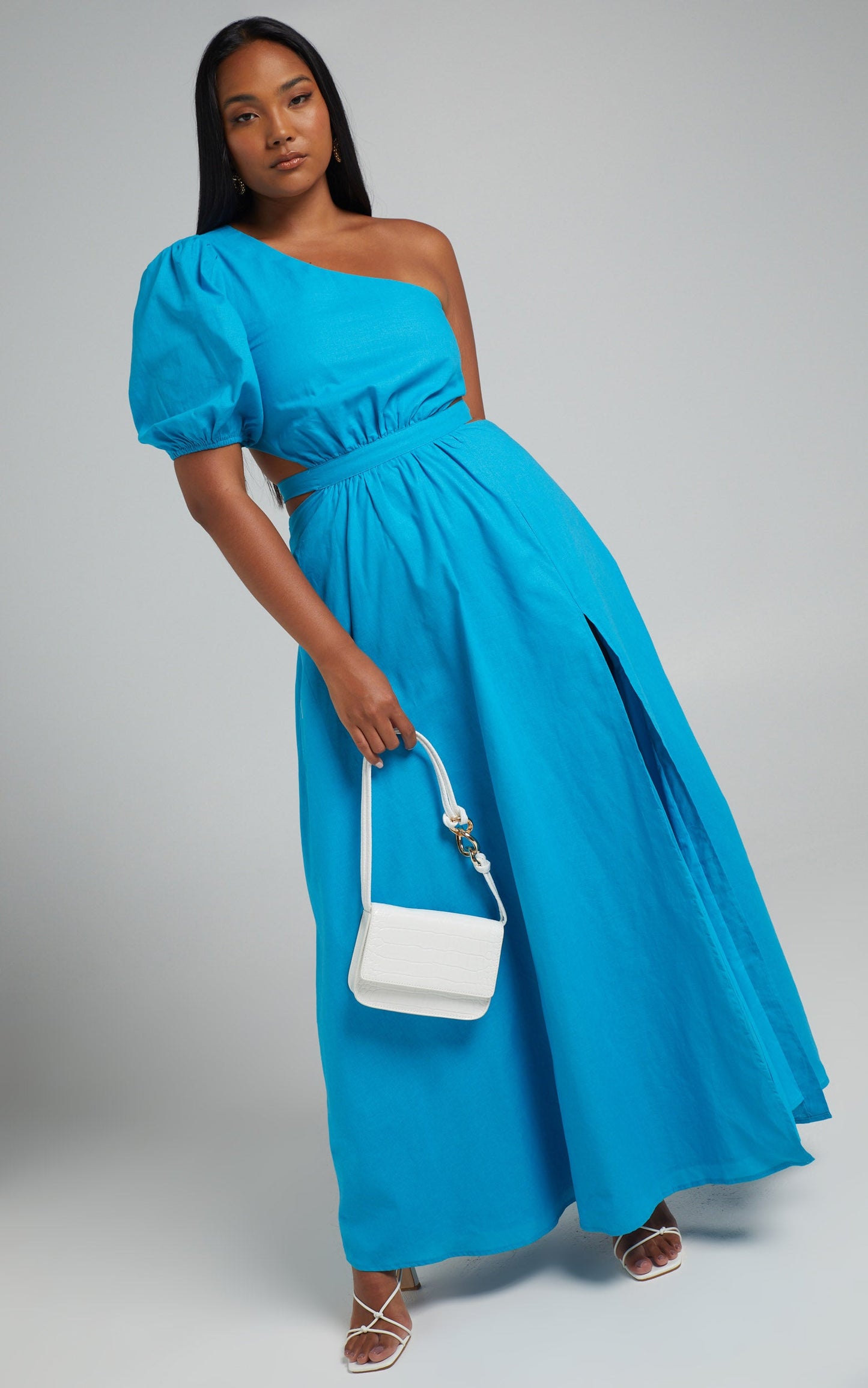 Cedie Midi Dress - One Shoulder Puff Sleeve Dress in Blue