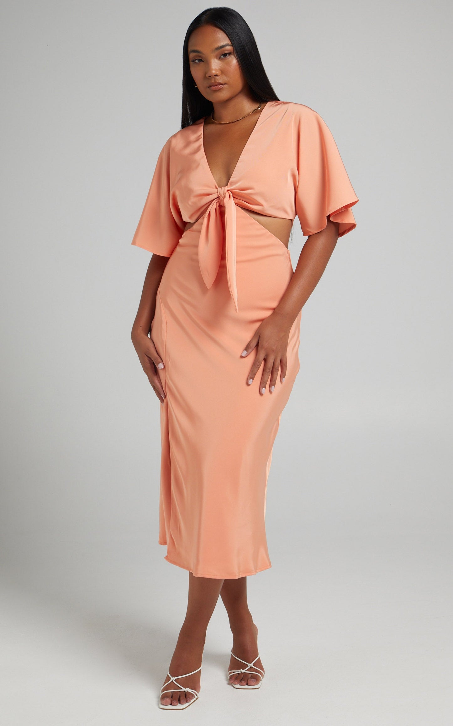 Joja Flutter Sleeve Cut Out Midi Dress in Sherbet Orange