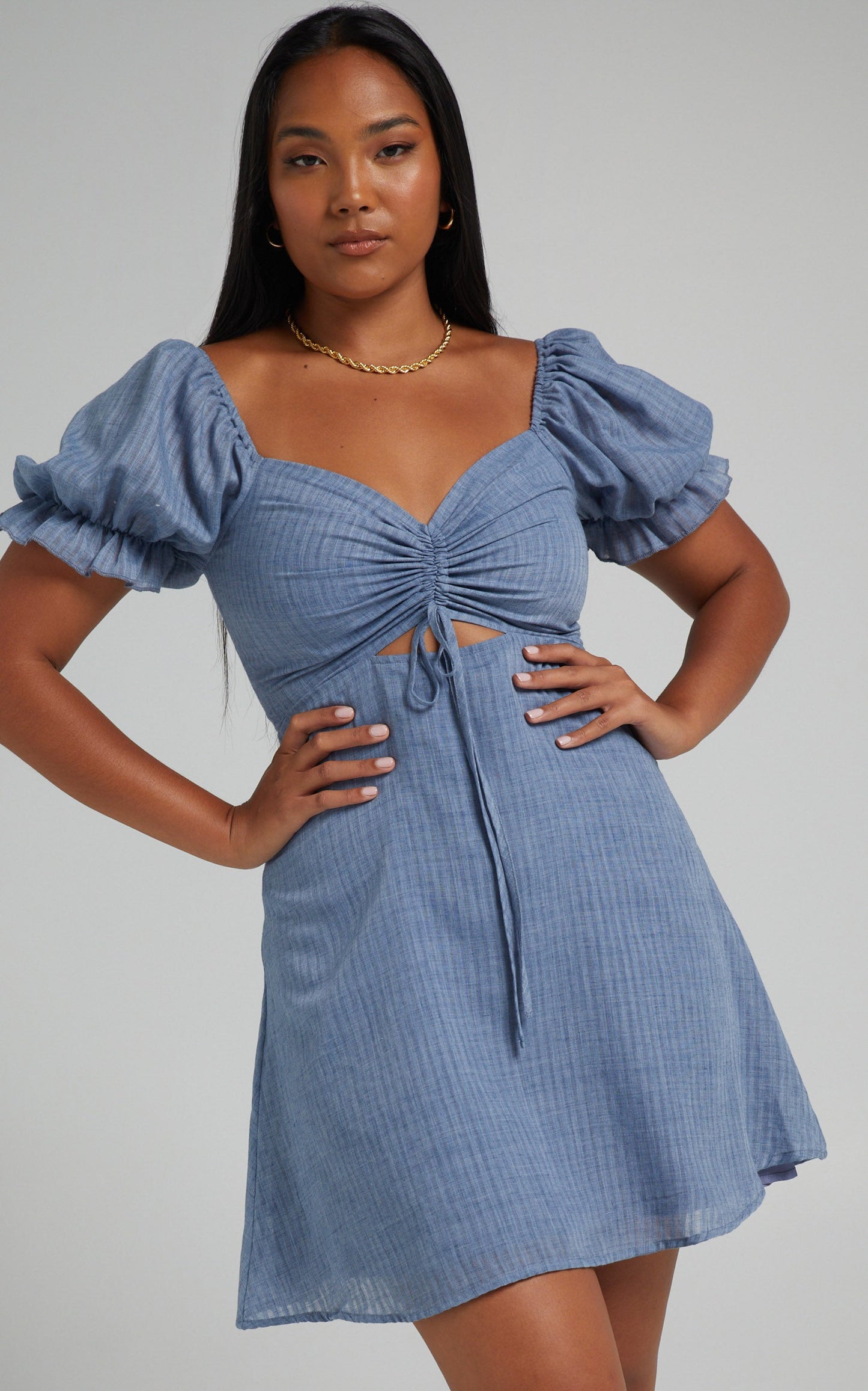 Soft Mention Mini Dress - Puff Sleeve Dress in Navy
