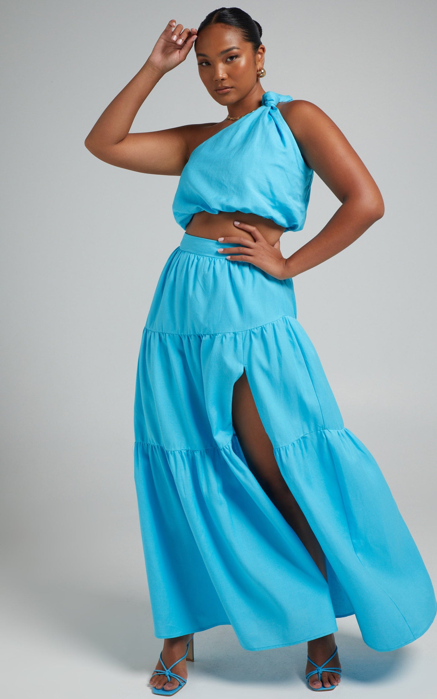 Aerilyn Two Piece Set - Linen One Shoulder Crop Top and Midi Skirt Set in Blue