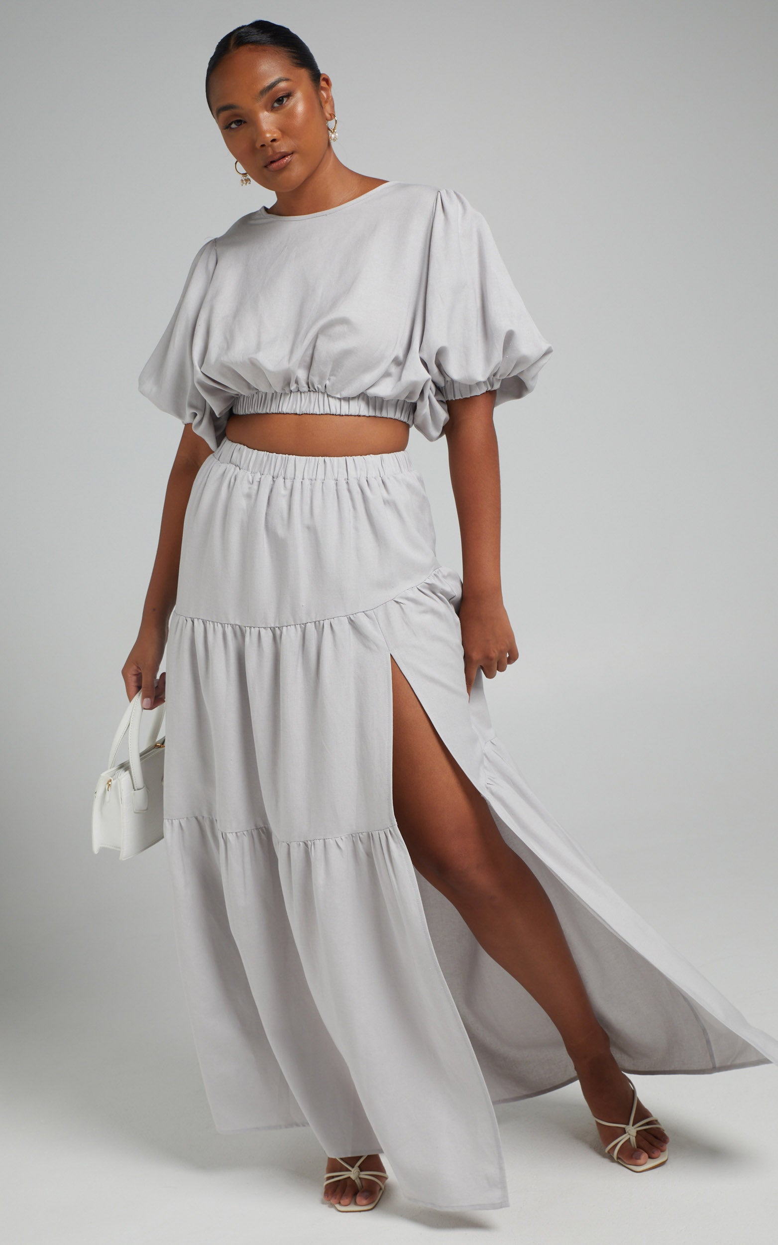 Astrid Two Piece Set - Linen Long Sleeve Top and Thigh Split Midi Skirt Set in Icy Grey
