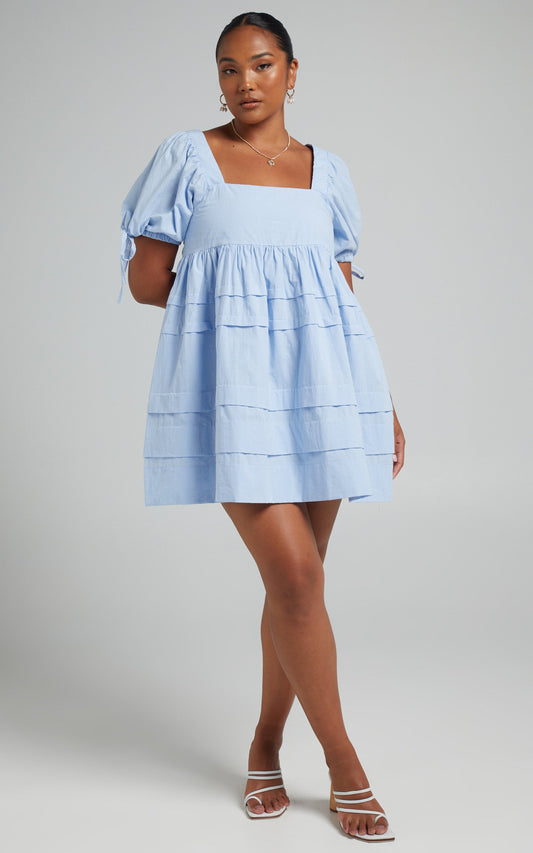 Eleua Mini Dress - Pintuck Short Puff Sleeve Dress in Baby Blue