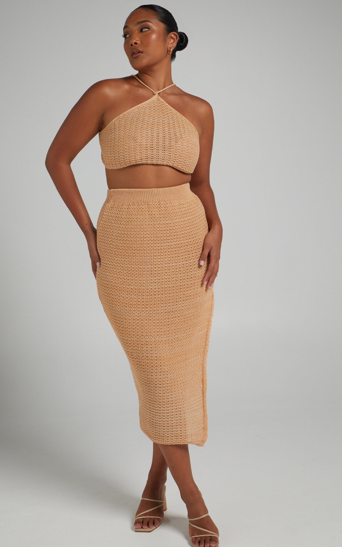 Missy Chevron Crochet Midi Skirt Two Piece Set in Beige