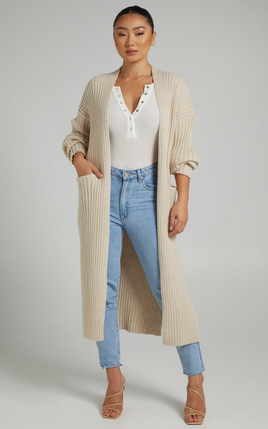 Caseny Longline Cardigan in Beige