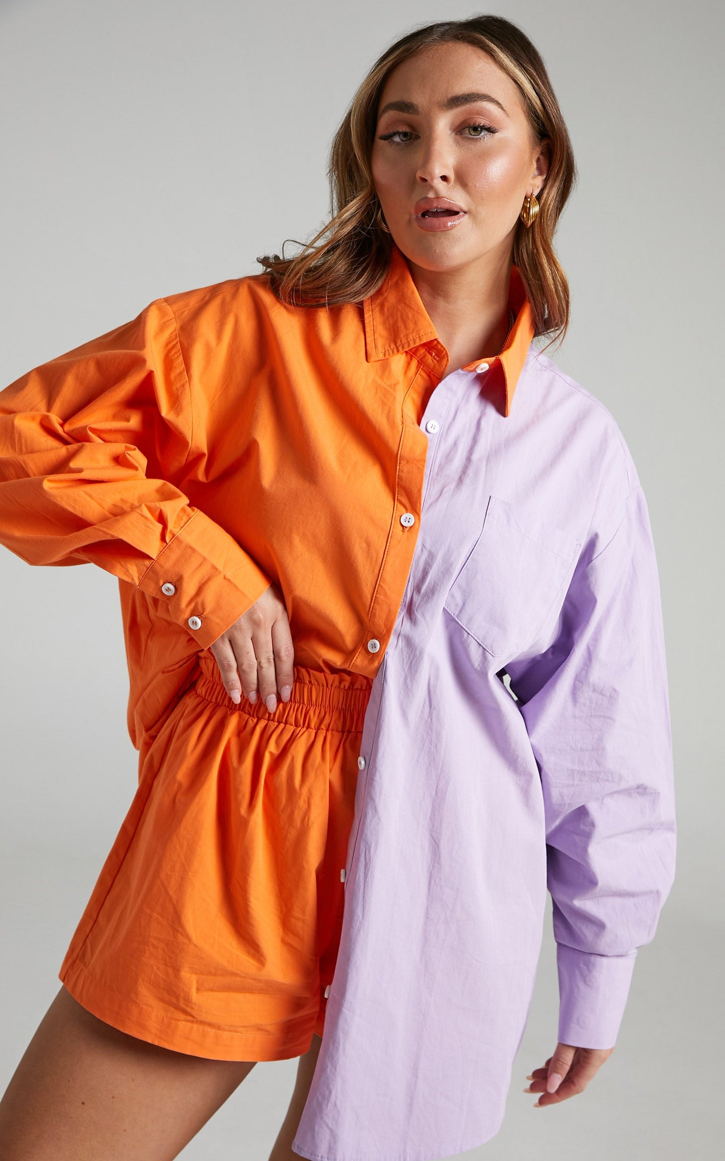 Roewe Shirt - Colour Block Oversized Button Up Shirt in Orange & Lilac