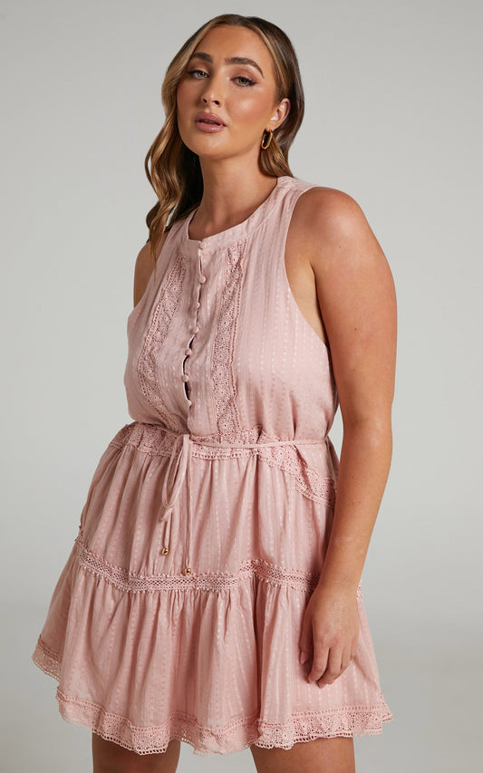 Scotty Mini Dress - Button Up Broderie Dress in Dusty Pink