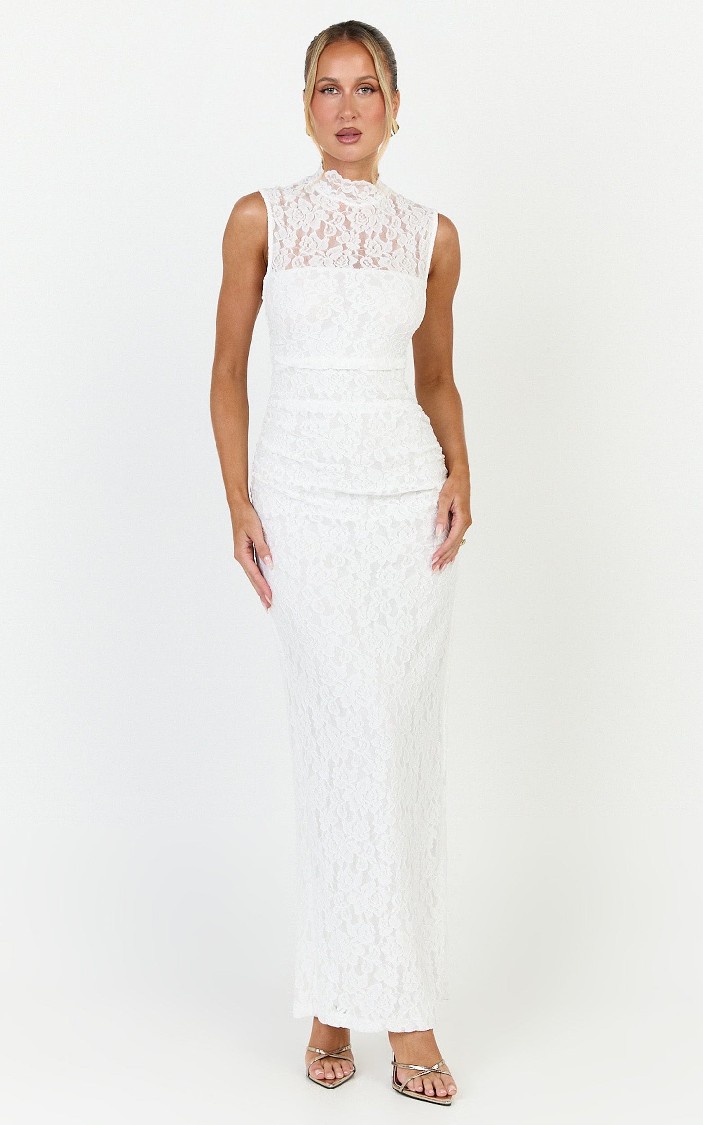 Luna Maxi Dress - Lace High Neck Sleeveless Dress in White