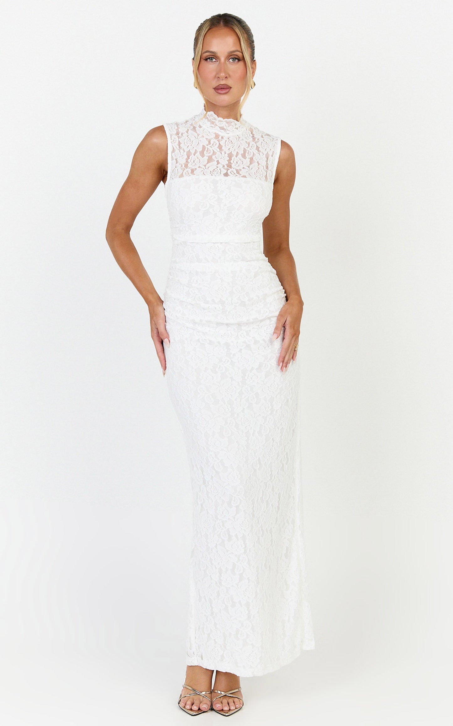 Luna Maxi Dress - Lace High Neck Sleeveless Dress in White