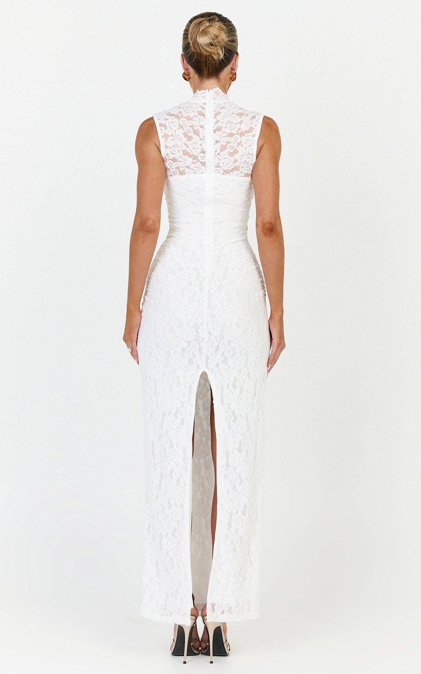 Luna Maxi Dress - Lace High Neck Sleeveless Dress in White
