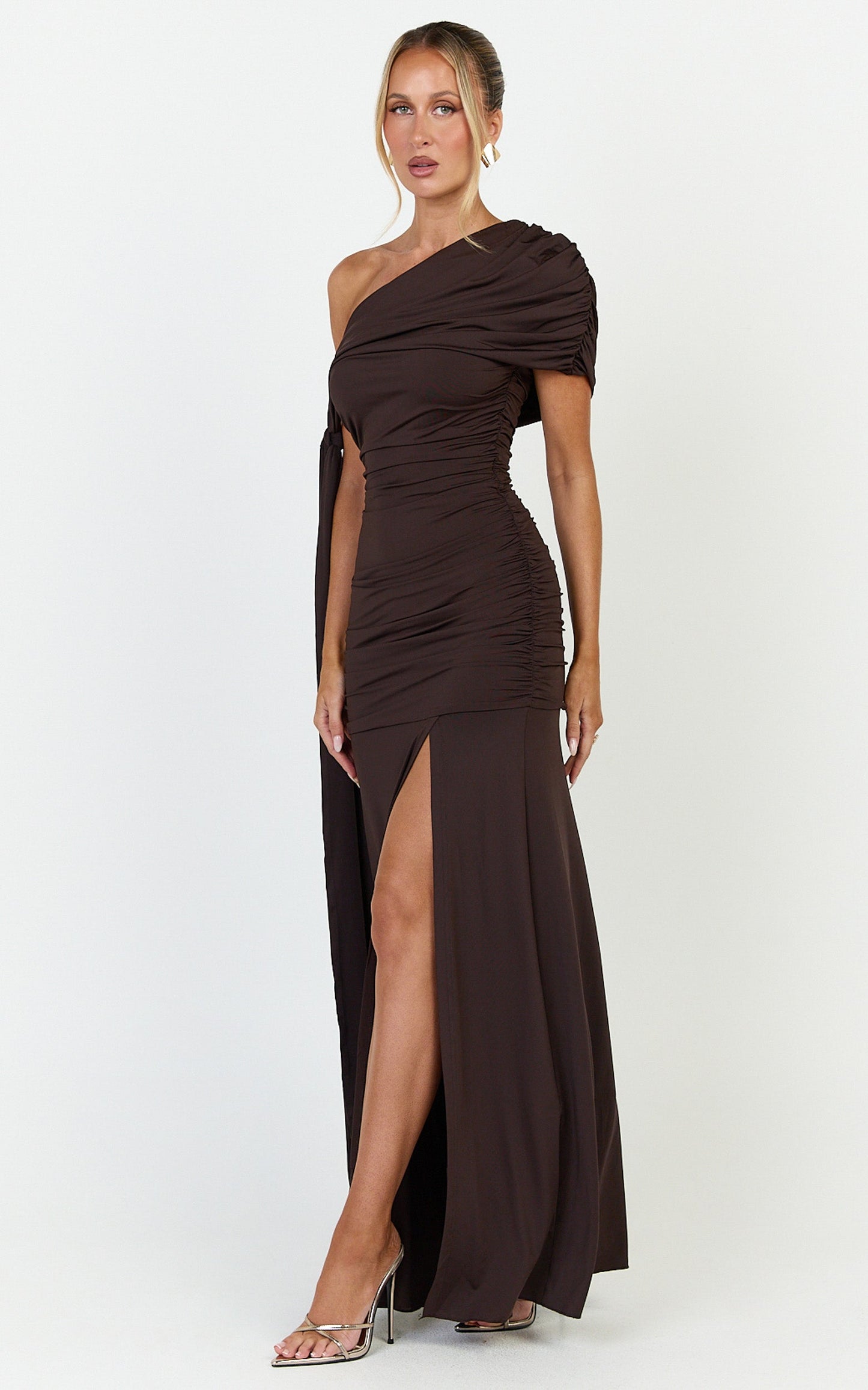 Bree Maxi Dress - Cape Tie Off Shoulder Fit And Flare Dress in Chocolate
