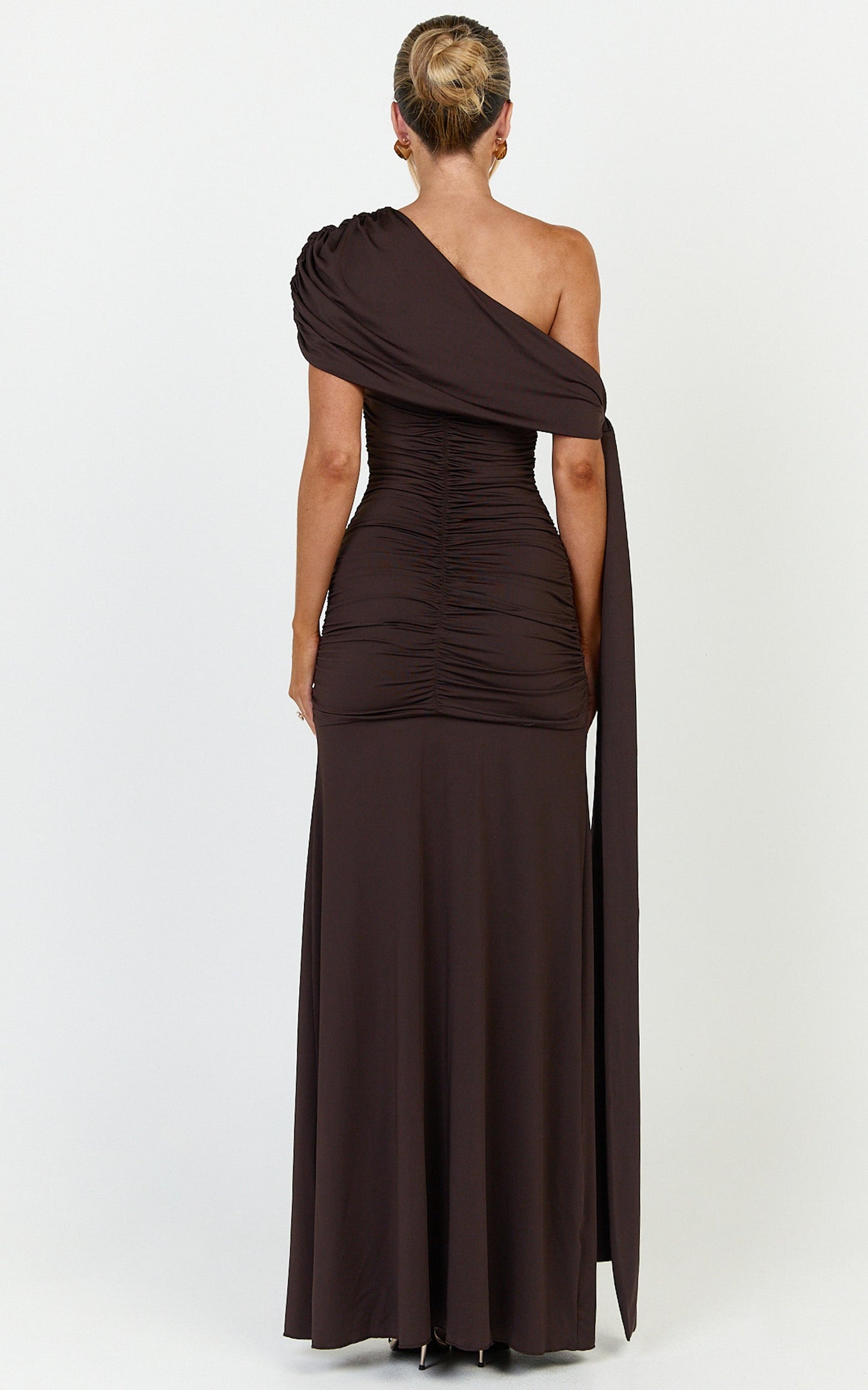 Bree Maxi Dress - Cape Tie Off Shoulder Fit And Flare Dress in Chocolate