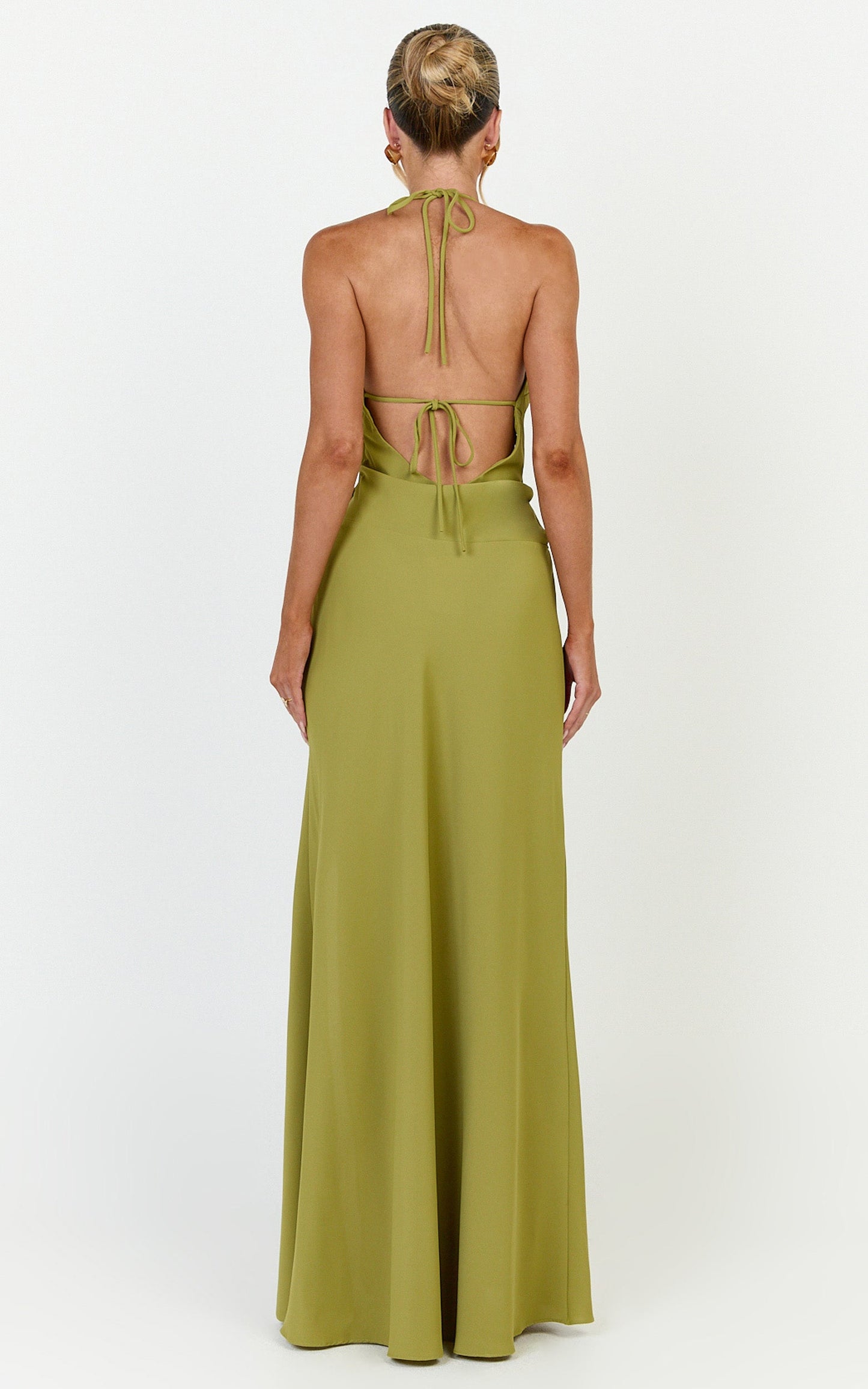 Dune Maxi Dress - Backless Plunge Neckline Draped Bodice Halter Dress in Olive