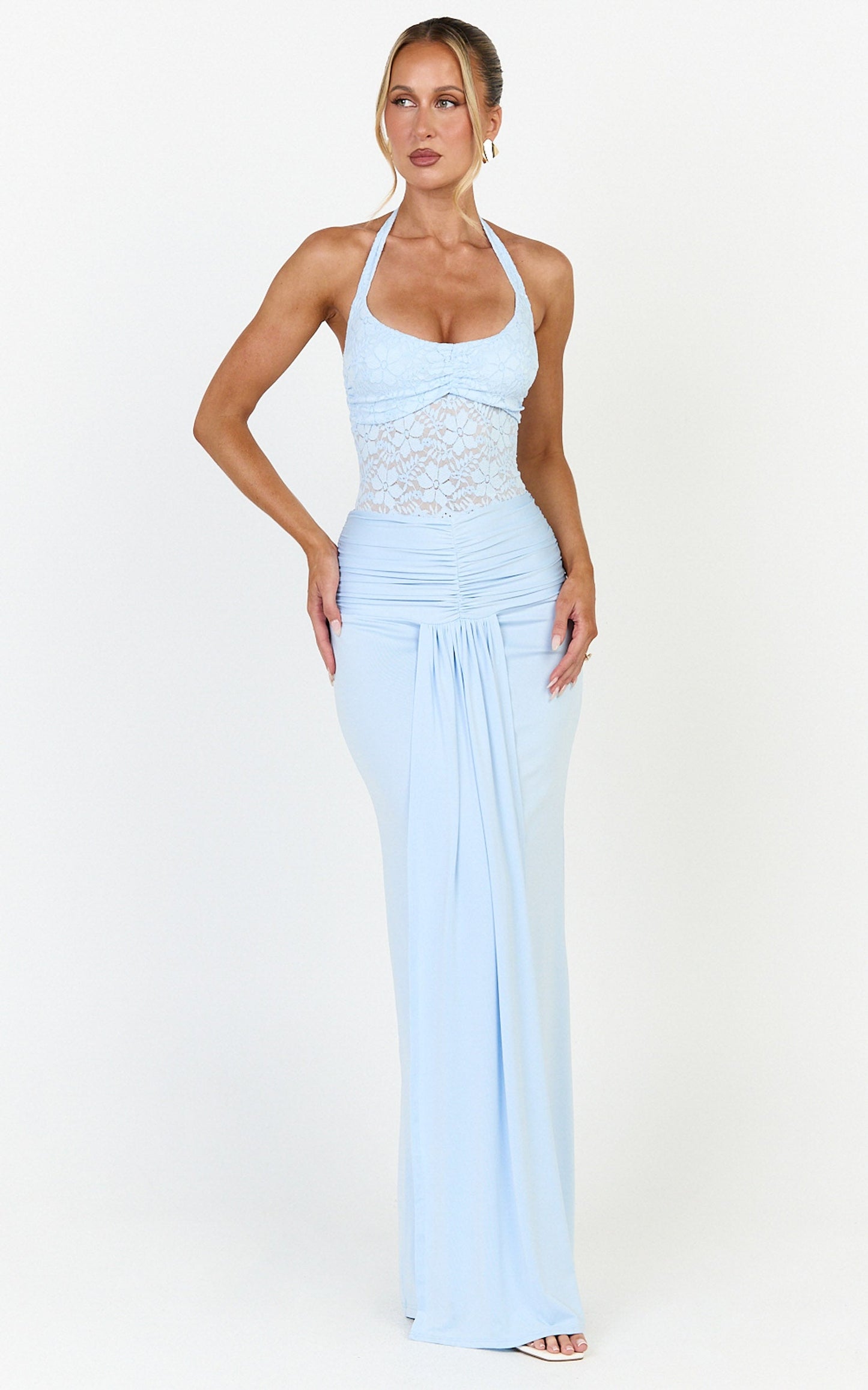 Melville Maxi Dress - Lace Bodice Draped Front Halter Dress in Blue
