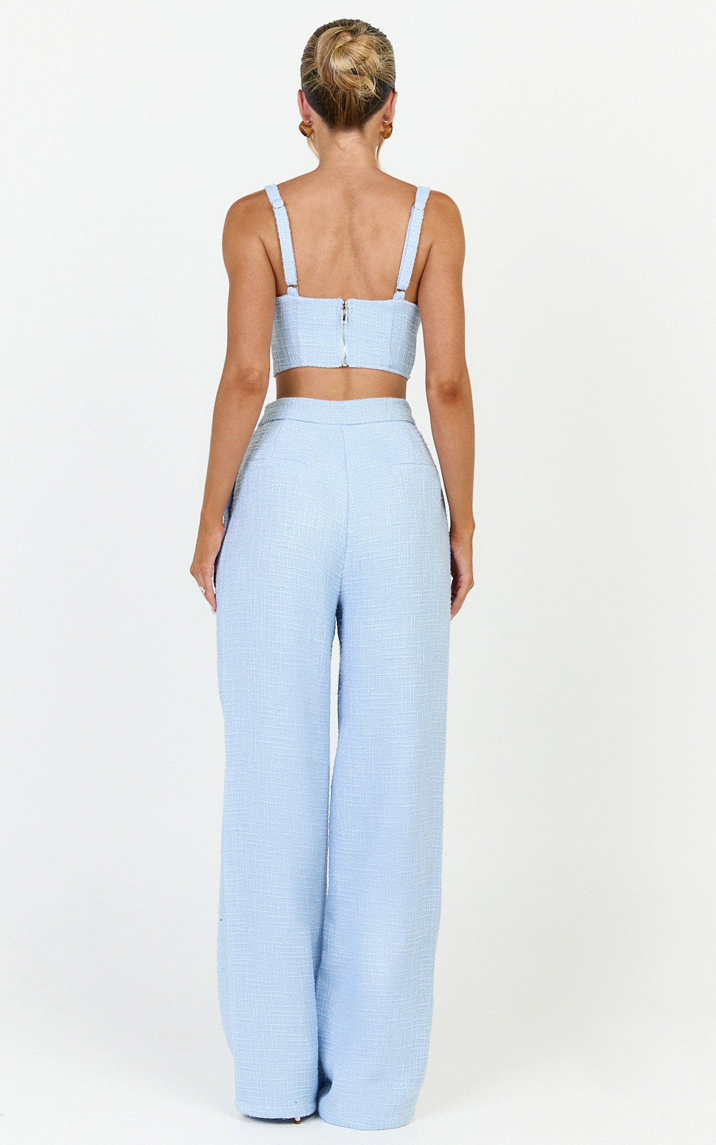 Sylvia Two Piece Set - Corset Top and High Waisted Wide Leg Pants Set in Blue