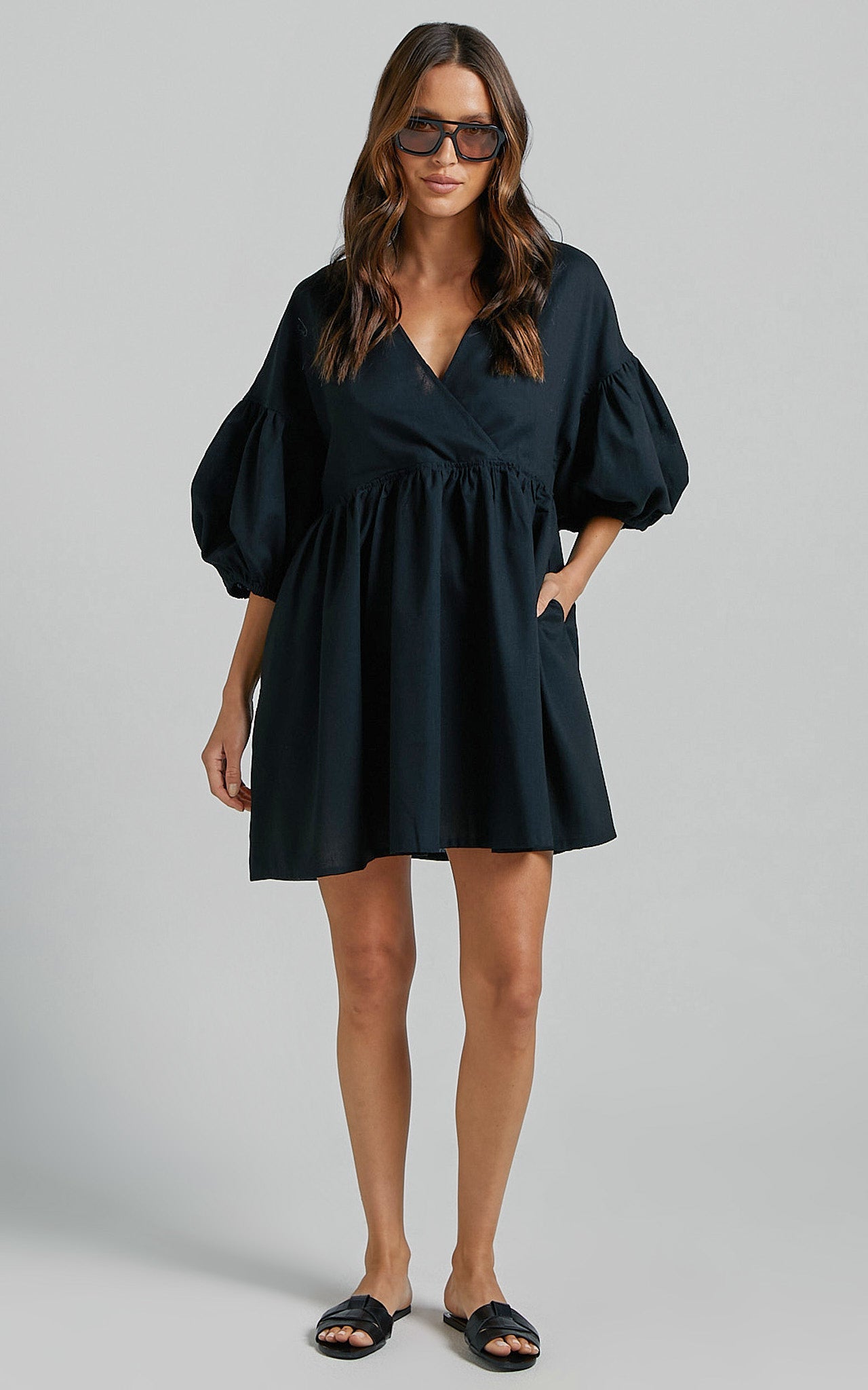 Akane Mini Dress - Linen Look V Neck 3/4 Sleeve Smock Dress in Black