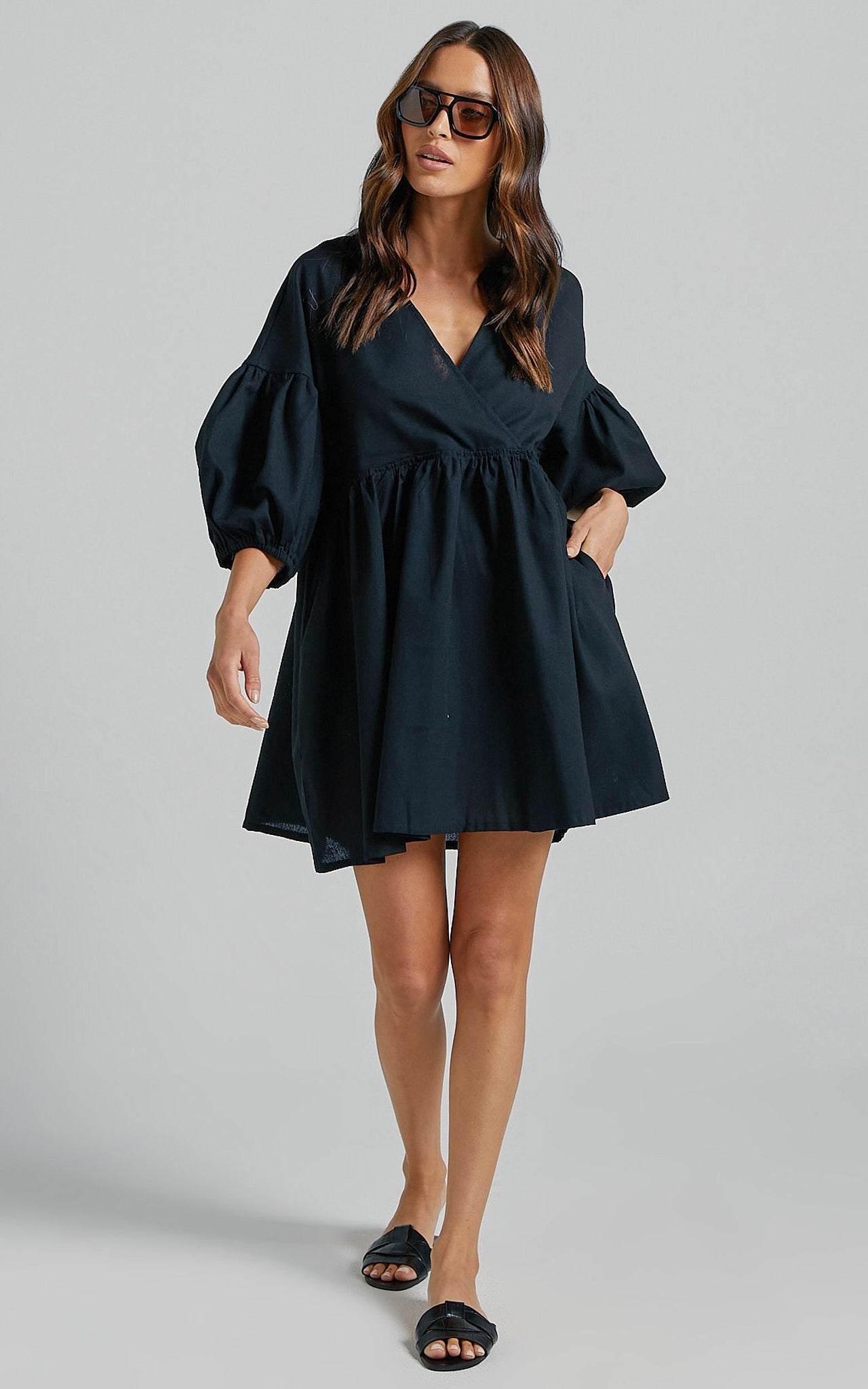 Akane Mini Dress - Linen Look V Neck 3/4 Sleeve Smock Dress in Black