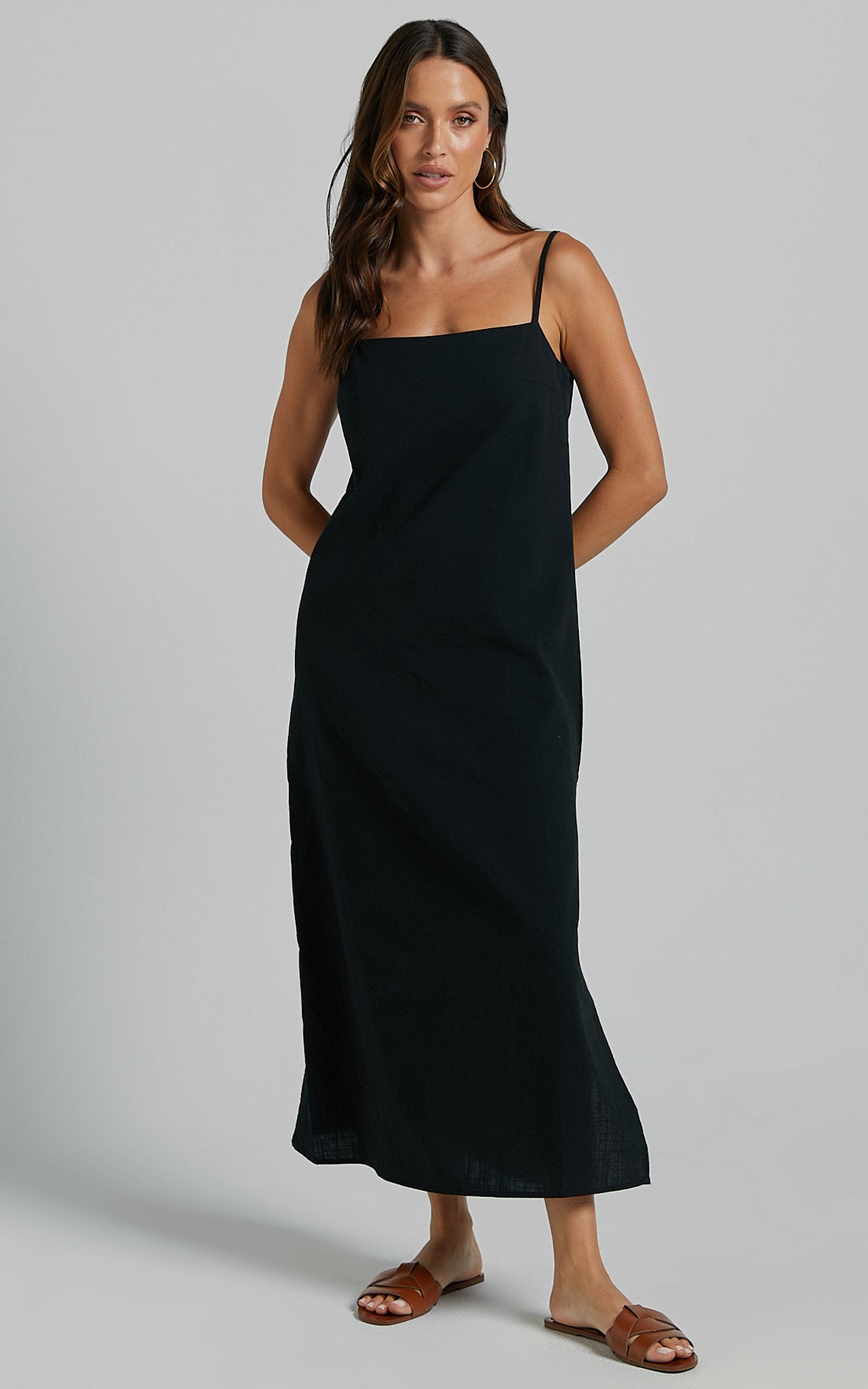 Alianna Midi Linen Blend Dress - Straight Neck Strappy Back Split A Line in Black