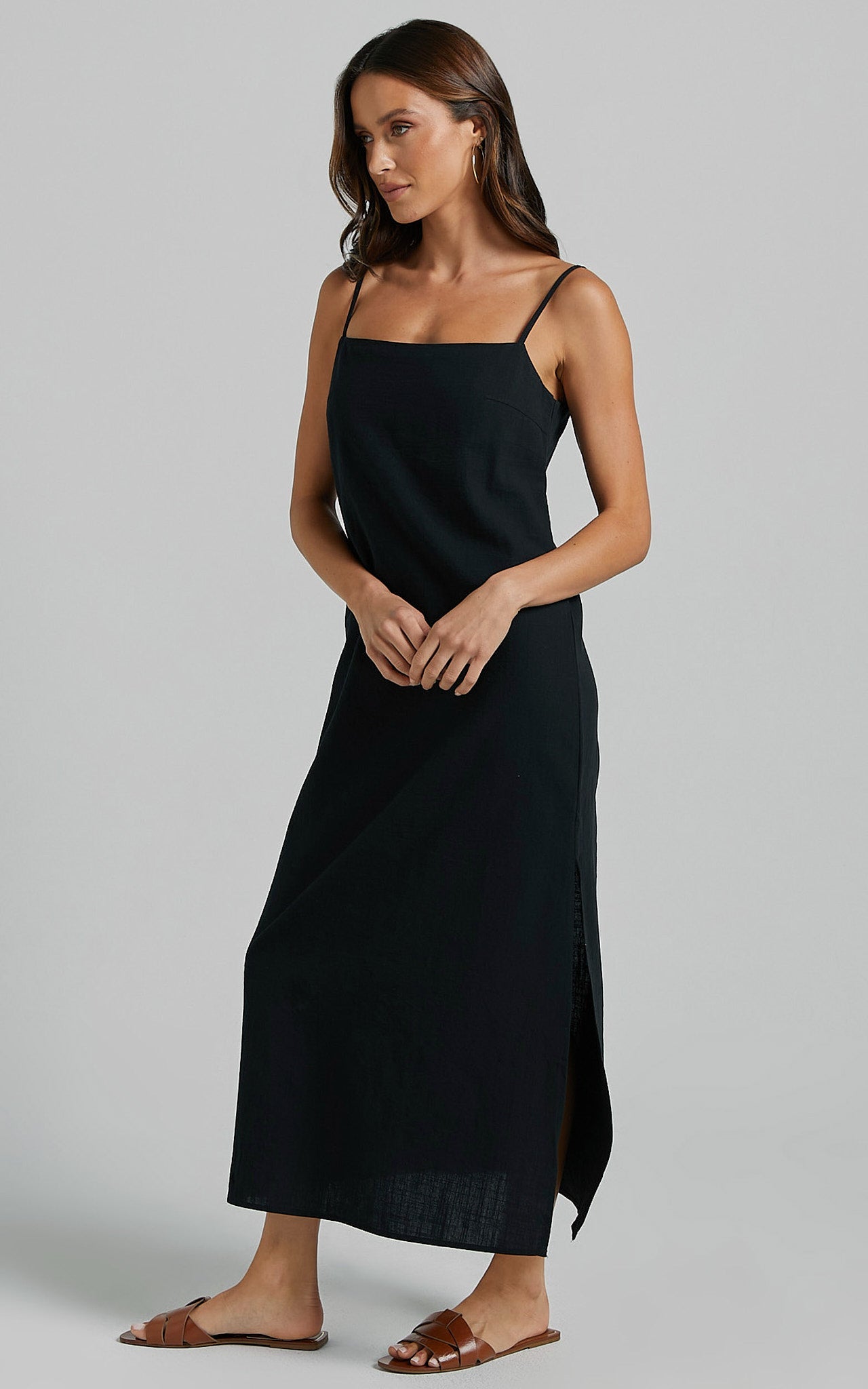 Alianna Midi Linen Blend Dress - Straight Neck Strappy Back Split A Line in Black