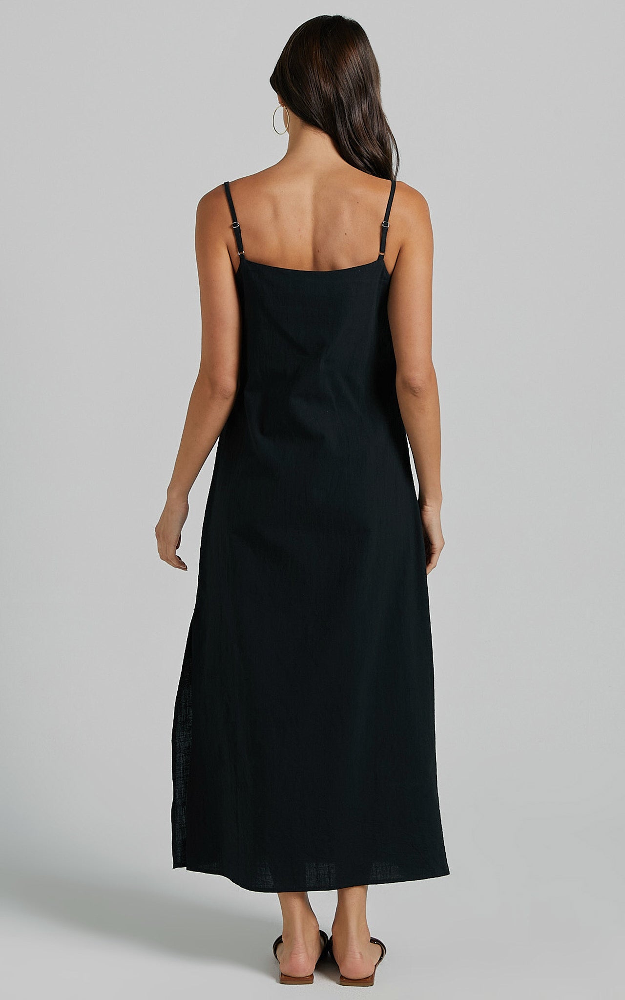 Alianna Midi Linen Blend Dress - Straight Neck Strappy Back Split A Line in Black