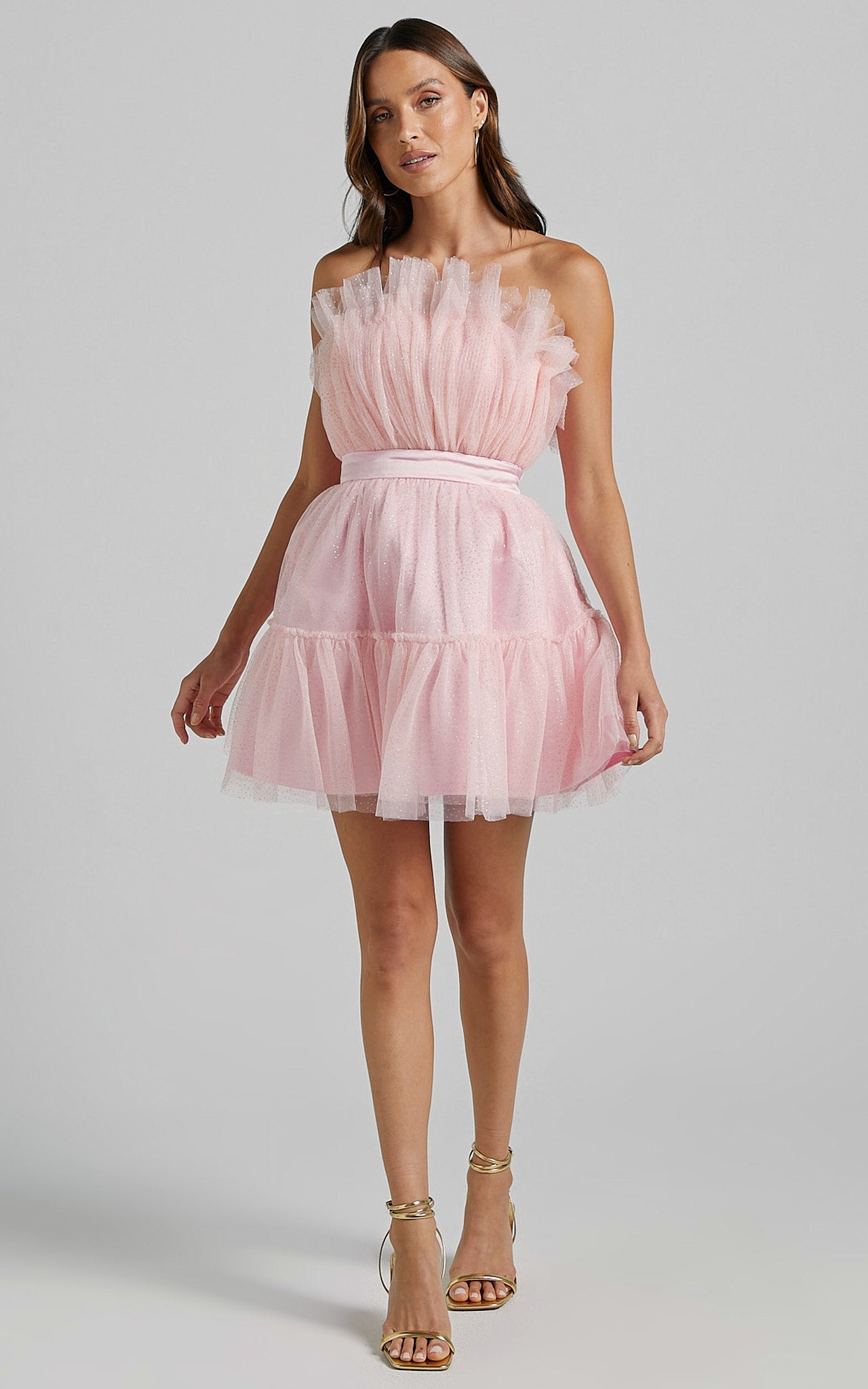Amalya Mini Dress - Tiered Tulle Fit and Flare Dress in Baby Pink Glitter