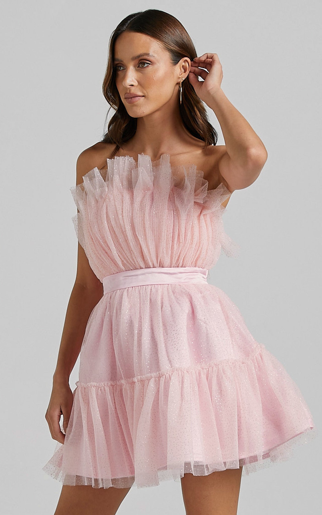 Amalya Mini Dress - Tiered Tulle Fit and Flare Dress in Baby Pink Glitter