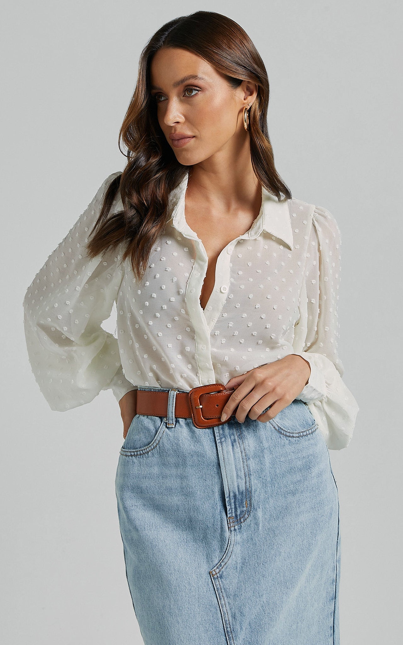 Angie Blouse - Sheer Dobby Spot Blouse in Off White