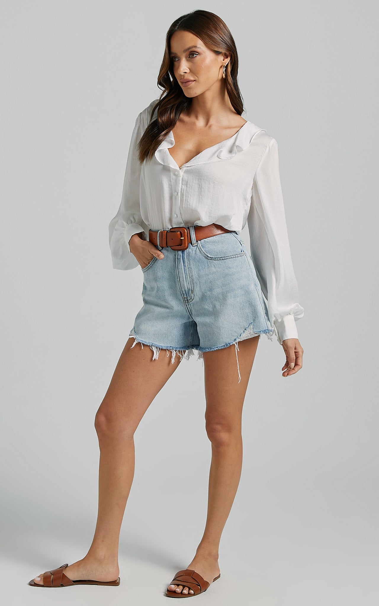 Camillia Top - Frill V Neck Long Blouson Sleeve Button Through Blouse in White